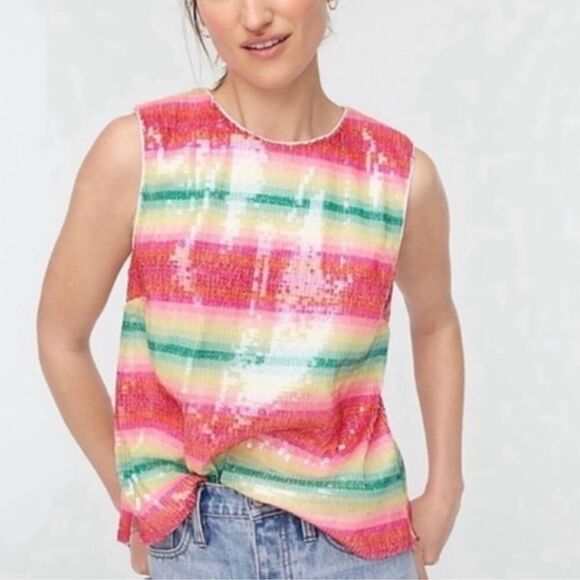 J. Crew Watermelon Stripe Sequin Sleeveless Party Top Size Small - Picture 2 of 7